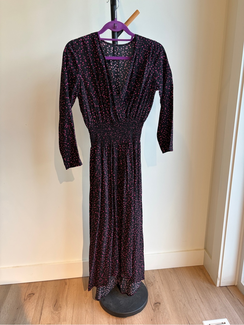 Maje Black Maxi Dress with Pink Dot Print